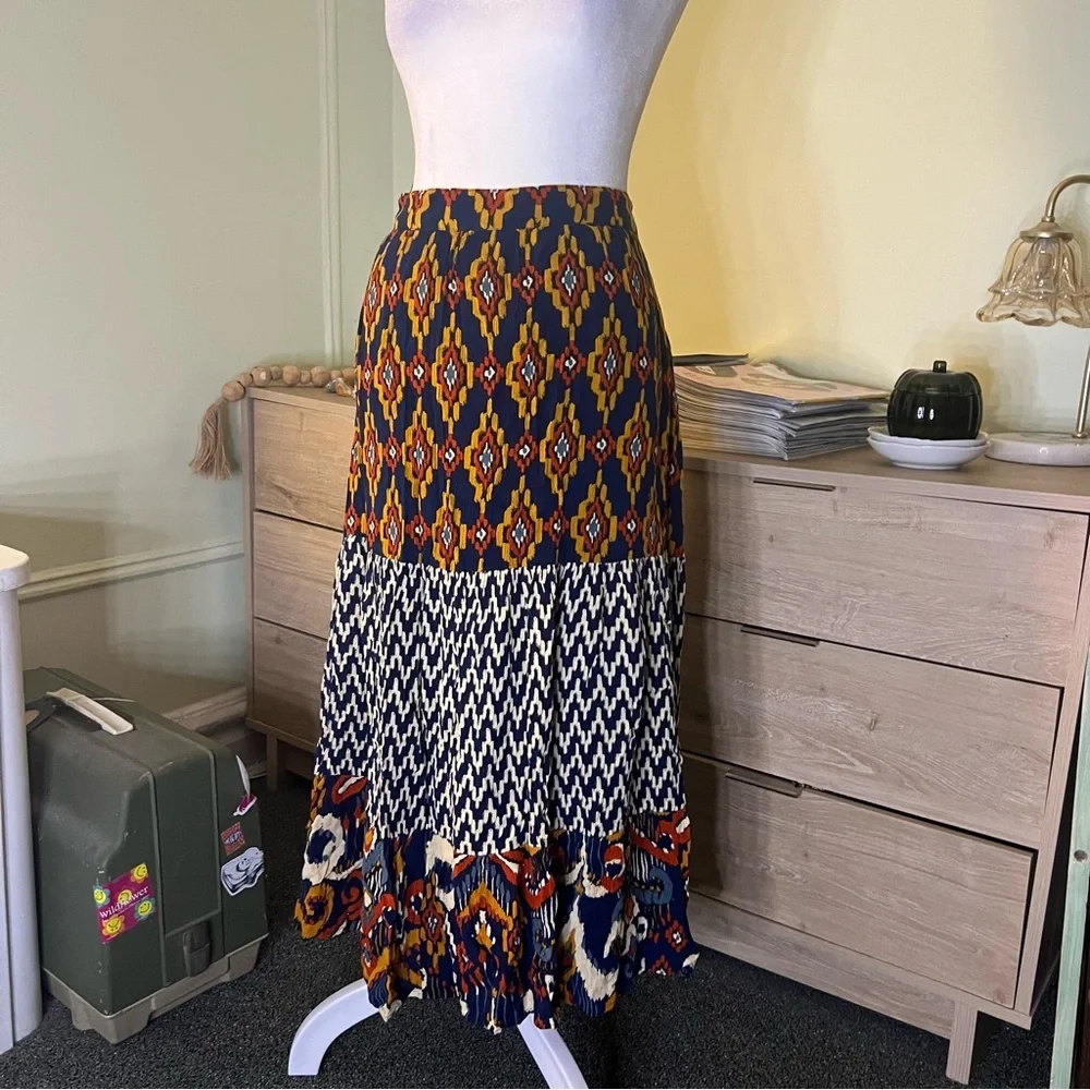 Navy Mixed Tribal & Chevron Print Midi Maxi Flowy Boho Relaxed Fit Skirt Sz XL - Picture 7 of 15